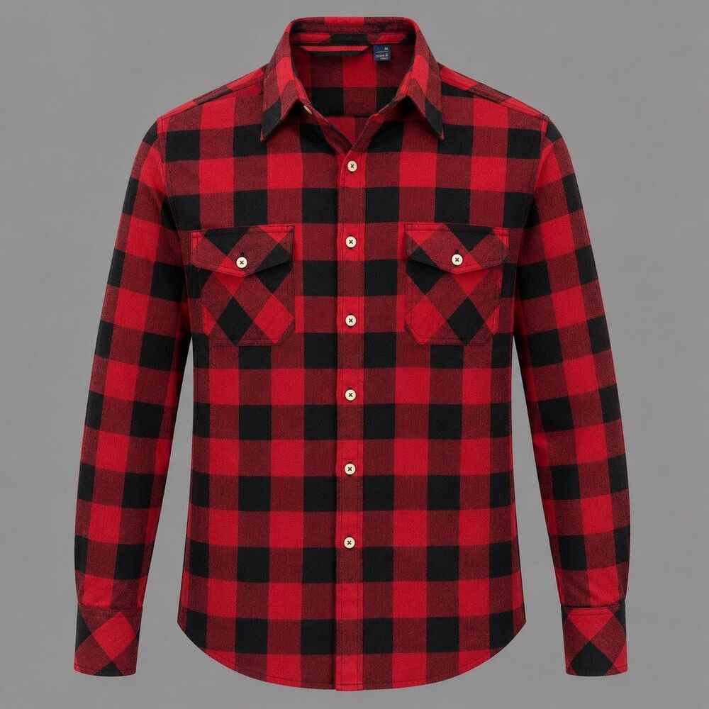 Men’s Buffalo Plaid Flannel Shirt Medium Red Black Button Front Long Sleeve
